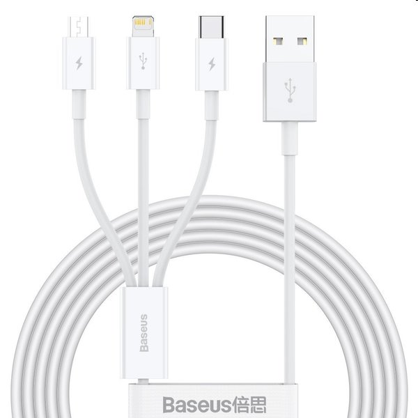 Baseus CAMLTYS-02 Superior rýchlonabíjací Dátový Kábel 3v1 USB-C, Lightning, MicroUSB 1,5 m, biely 57983104529