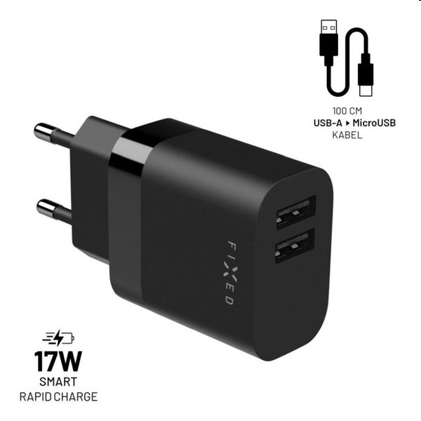 FIXED Set Sieťová nabíjačka 2 x USB výstupomaUSB/micro USB kábla, 1 m, 17 W, Smart Rapid Charge, čierna