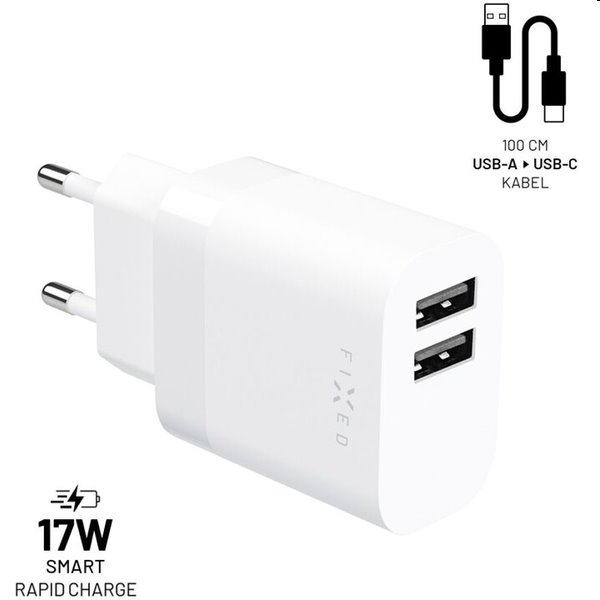 FIXED Set Sieťová nabíjačka 2 x USB výstupomaUSB/USB-C kábla, 1 m, 17 W, Smart Rapid Charge, biela