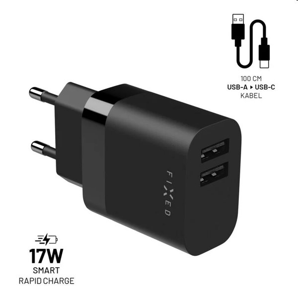 FIXED Set Sieťová nabíjačka 2 x USB výstupomaUSB/USB-C kábla, 1 m, 17 W, Smart Rapid Charge, čierna