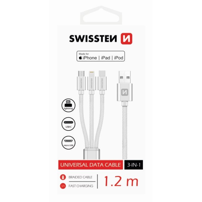 Dátový kábel Swissten textilný 3 v 1, 1,2 m, Lightning, 2 x USB-C, čierny