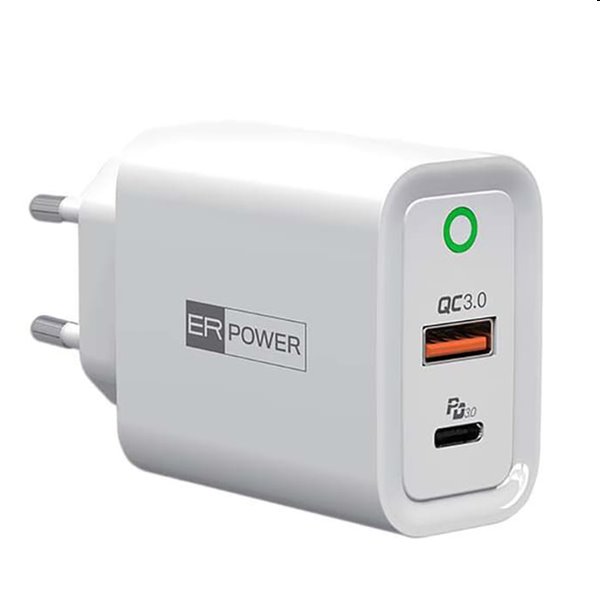 ER POWER Travel Charger with USB-C/USB-A EU, PD, QC, white - OPENBOX (Rozbalený tovar s plnou zárukou)