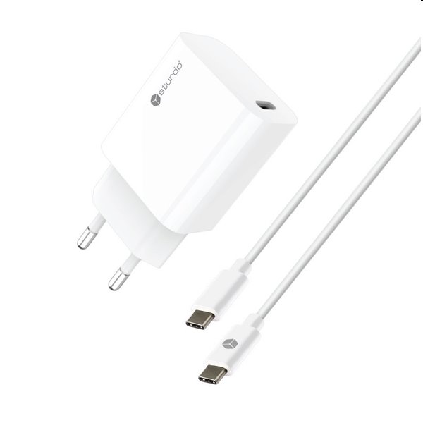 Sturdo Sieťová nabíjačka 3A, PD, 20W, USB QC + nabíjací kábel USB-C/USB-C 1m, biela