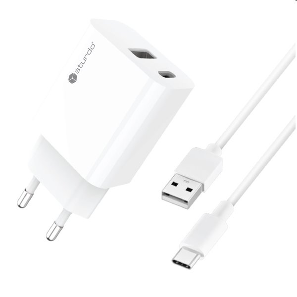 Sturdo Sieťová nabíjačka 3A, PD, 20W, USB QC + nabíjací kábel USB/USB-C, biela