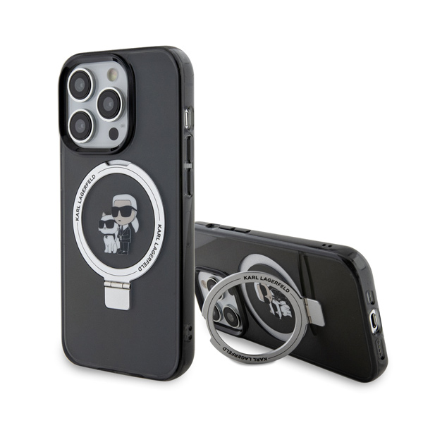 Zadný kryt Karl Lagerfeld Ringstand Karl and Choupette MagSafe pre iPhone 15 Pro, čierny 57983116870