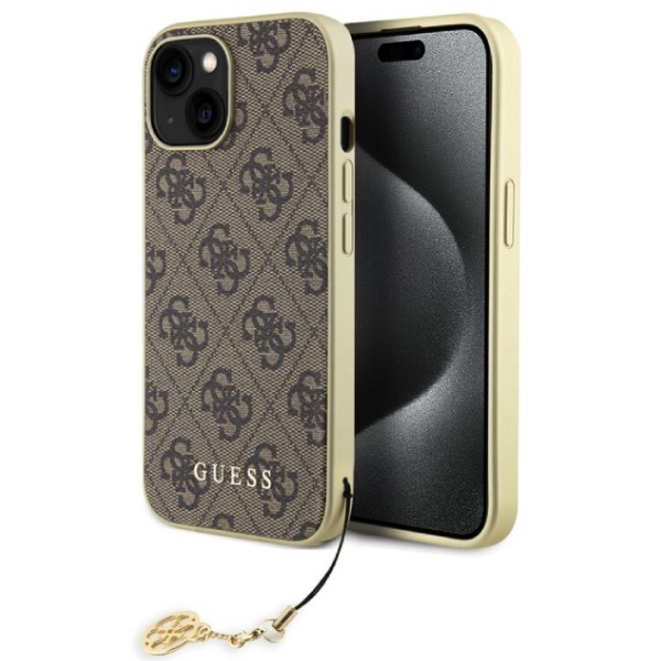 Zadný kryt Guess 4G Charms pre iPhone 15, hnedý