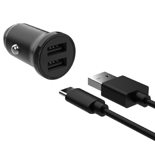 FIXED Nabíjací set do auta s 2x USB a USB/USB-C káblom, 1 m, 15 W Smart Rapid Charge, čierny