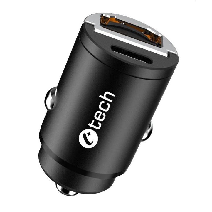 Nabíjačka USB do auta C-TECH UCC-02, 1x Type C + 1 x Type A, 30W, Power delivery 3.0, Quick Charge 3.0, hliníkové telo UCC-02