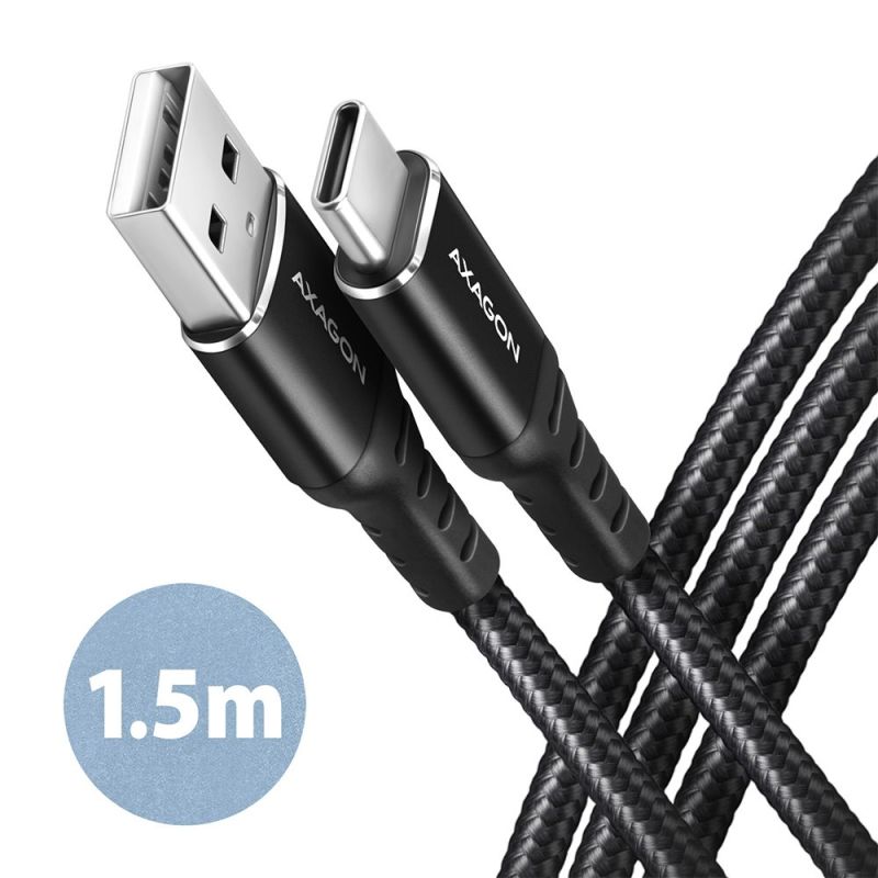 AXAGON BUCM-AM15AB, HQ kábel USB-C USB-A, 1.5 m, USB 2.0, 3A, ALU, opletenie, čierny BUCM-AM15AB