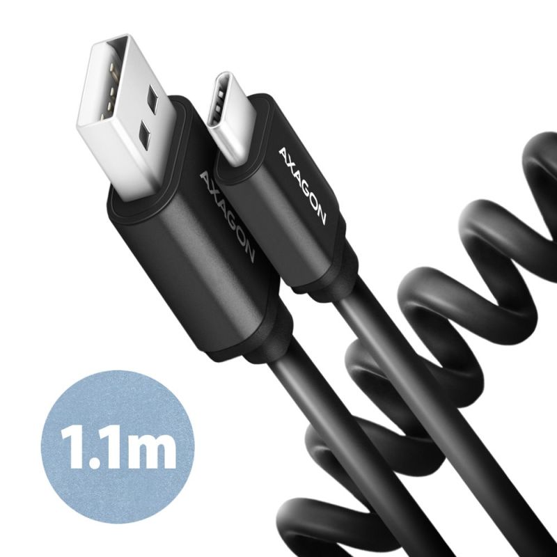 AXAGON BUCM-AM20TB, TWISTER kábel USB-C USB-A, 1.1m, USB 2.0, 3A, ALU, tpe, čierny BUCM-AM20TB