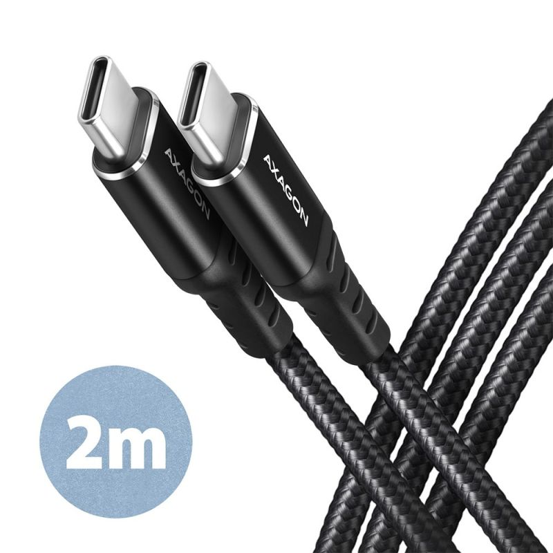 AXAGON BUCM-CM20AB, HQ kábel USB-C USB-C, 2 m, USB 2.0, PD 60W 3A, ALU, opletenie, čierny BUCM-CM20AB
