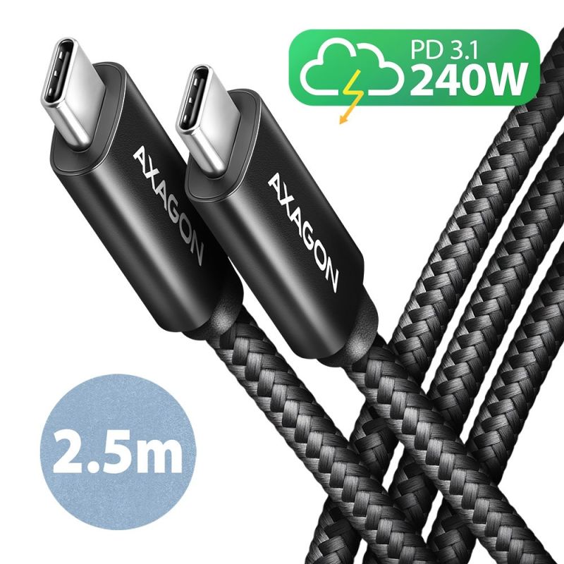 AXAGON BUCM2-CM25AB, CHARGE kábel USB-C USB-C, 2.5m, Hi-Speed USB, PD 240W 5A, ALU, oplet, čierny BUCM2-CM25AB