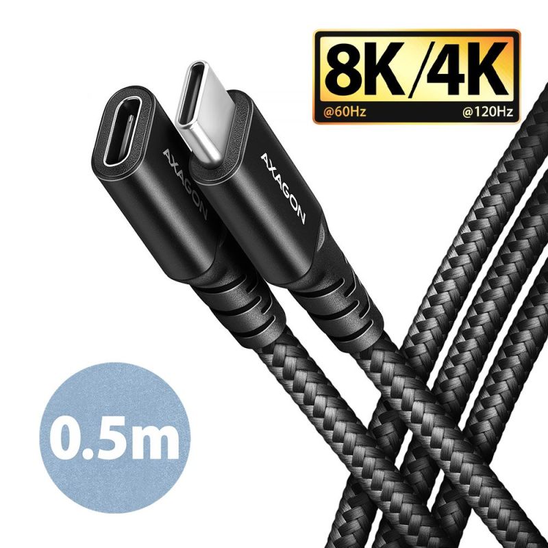 AXAGON BUCM32-CF05AB predlžovací kábel USB-C (M) USB-C (F), 0.5m, USB 20Gbps, PD 240W 5A, 8K HD, ALU, oplet, čierny BUCM32-CF05AB