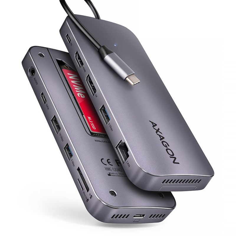 AXAGON HMC-12GM2, USB 10Gbps hub, 3x USB-A, USB-C, HDMI, DP, RJ-45 GLAN, M.2, SDmSD, audio, PD 100W, kábel USB-C 50cm HMC-12GM2