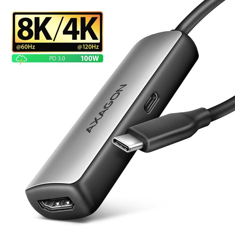 AXAGON RVC-HI8KPD, USB-C -> HDMI 2.1 redukcia adaptér, 8K60Hz, 4K144Hz, HDR10+, PD100W RVC-HI8KPD
