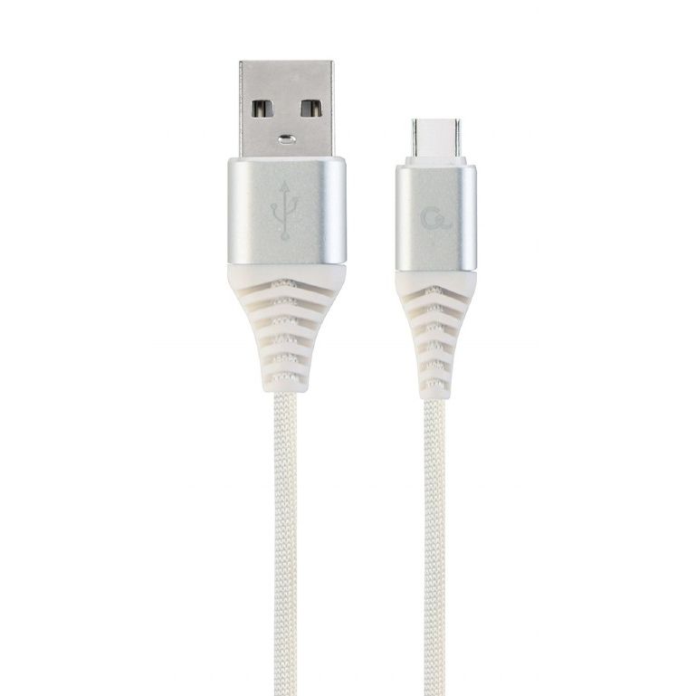 Kábel CABLEXPERT USB 2.0 AM na Type-C kábel (AMCM), 2m, opletený, bielo-strříbrný, blister, PREMIUM QUALITY CC-USB2B-AMCM-2M-BW2