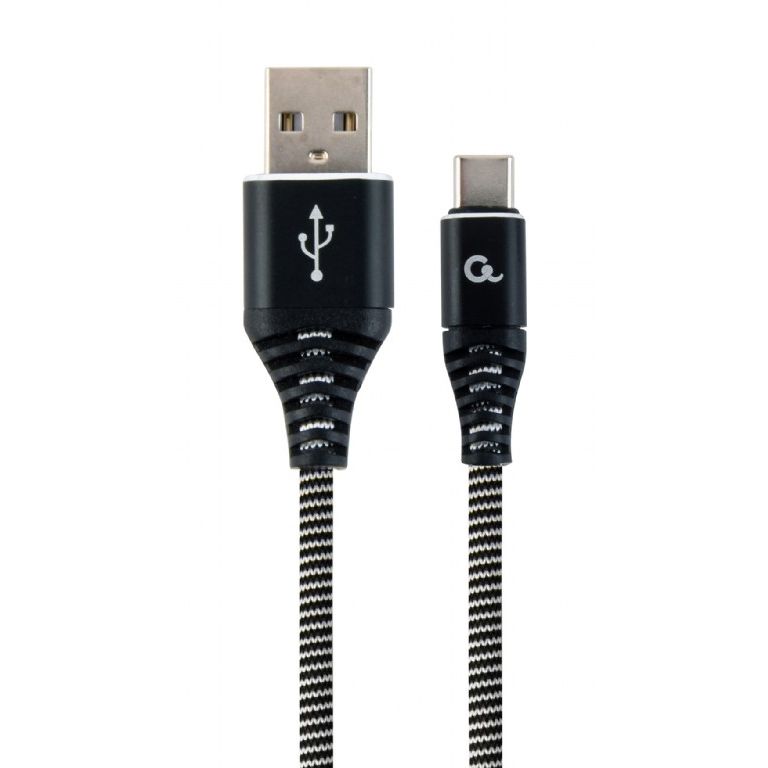 Kábel CABLEXPERT USB 2.0 AM na Type-C kábel (AMCM), 2m, opletený, černo-biely, blister, PREMIUM QUALITY CC-USB2B-AMCM-2M-BW