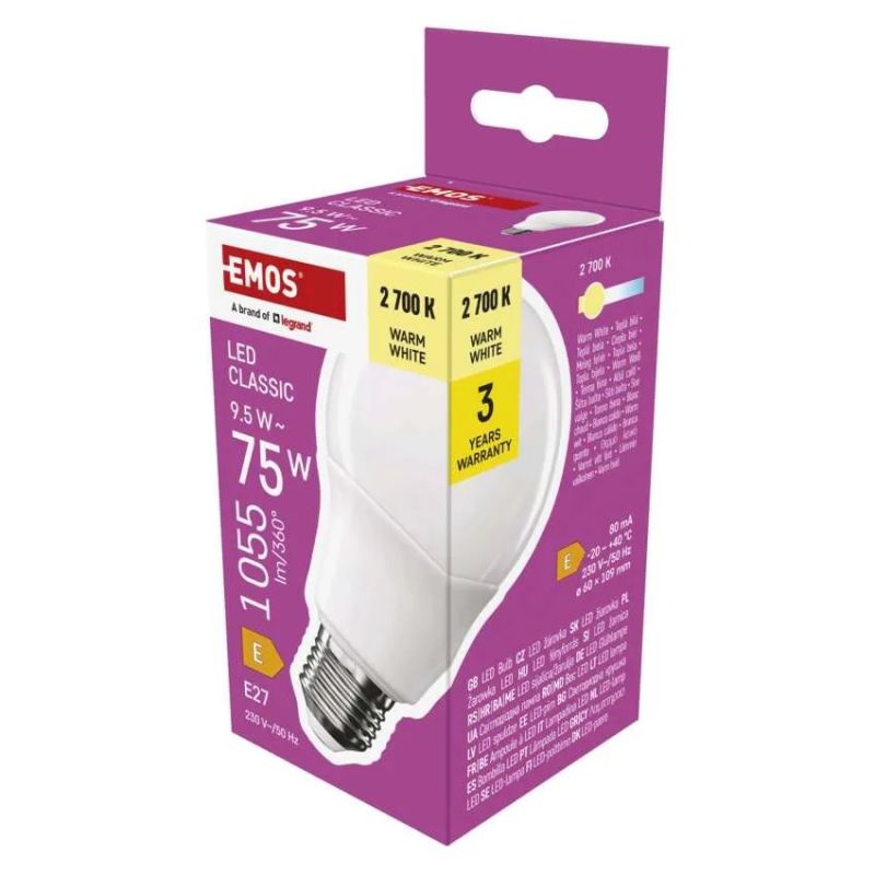 EMOS LED žiarovka Classic A60 E27 9,5 W (75 W) 1055 lm teplá biela ZQ5E51