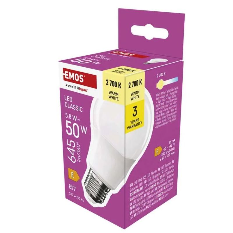 EMOS LED žiarovka Classic A60 E27 5,8 W (50 W) 645 lm teplá biela ZQ5E31