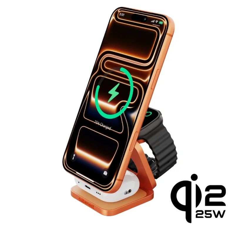 Cubenest 3v1 Qi2.2 Skladacia bezdrôtová magnetická nabíjačka SQ312 Oranžová SQ312ULTRAOR