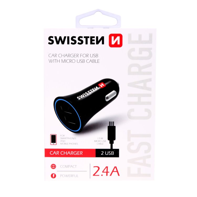 Autonabíjačka Swissten 2.4A s 2x USB + kábel Micro USB 20110900