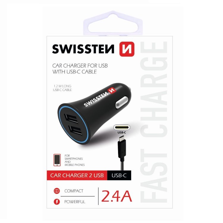 E-shop Autonabíjačka Swissten 2.4A s 2 x USB a kábel USB-C 20110908