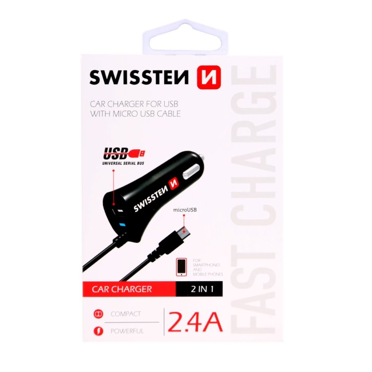 Autonabíjačka Swissten 2.4A so zabudovaným Micro-USB káblomaUSB konektorom Autonabíjačka Swissten 2.4A so zabudovaným Micro-USB káblomaUSB konektorom