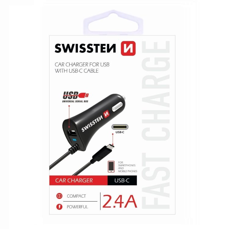 Autonabíjačka Swissten 2.4A so zabudovaným USB-C káblom a USB konektorom