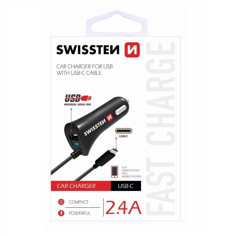 Autonabíjačka Swissten 2.4A so zabudovaným USB-C káblomaUSB konektorom Autonabíjačka Swissten 2.4A so zabudovaným USB-C káblomaUSB konektorom