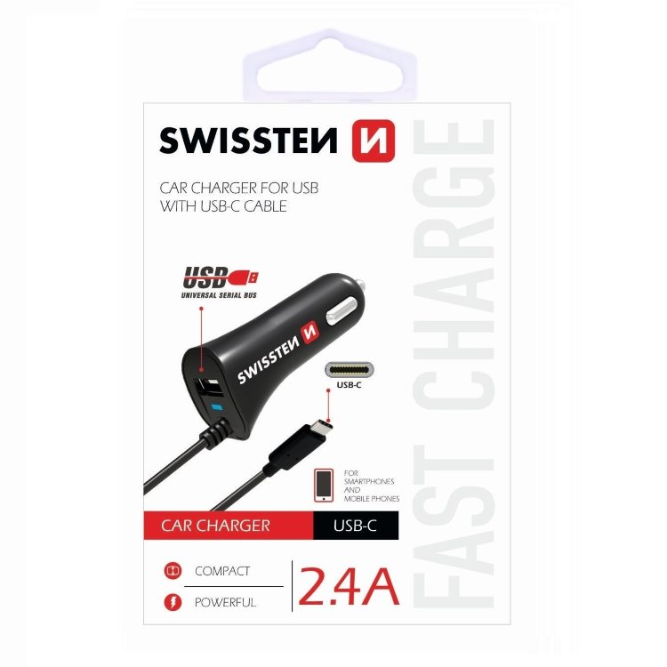 E-shop Autonabíjačka Swissten 2.4A so zabudovaným USB-C káblomaUSB konektorom 20111500