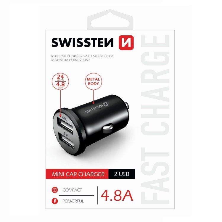 E-shop Autonabíjačka Swissten kovová 4.8A s 2 USB slotmi, čierna 20114000