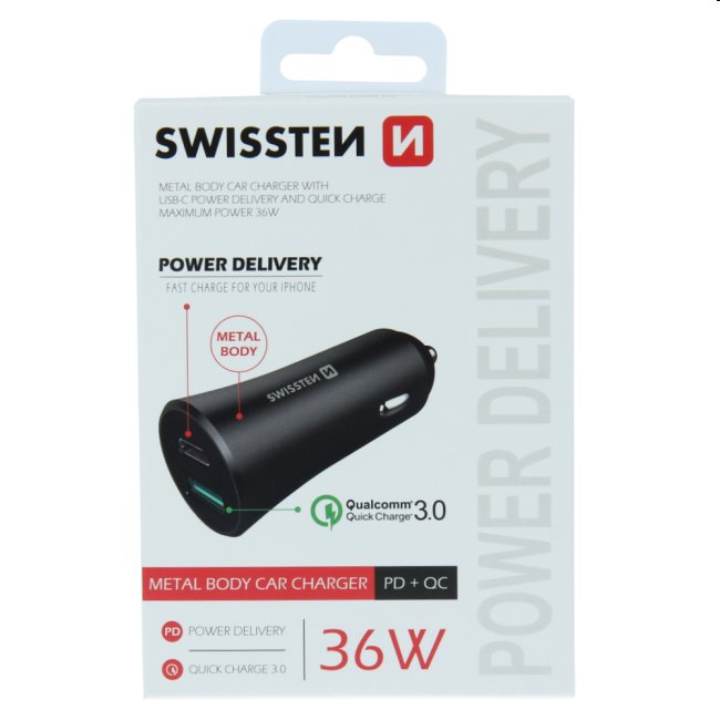 Autonabíjačka Swissten s podporou Power Delivery USB-C a Qualcomm 3.0, 36 W, matná čierna