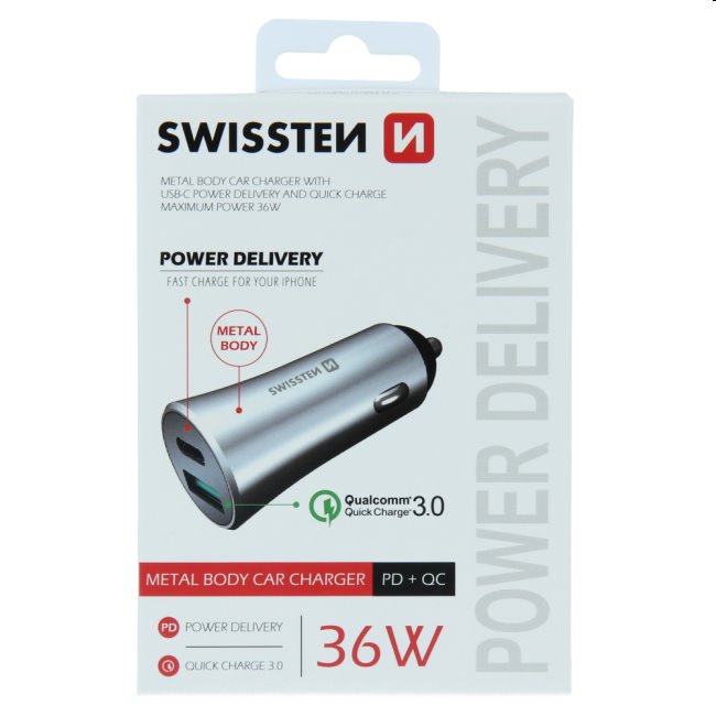 Autonabíjačka Swissten s podporou Power Delivery USB-C a Qualcomm 3.0, 36 W, matná strieborná