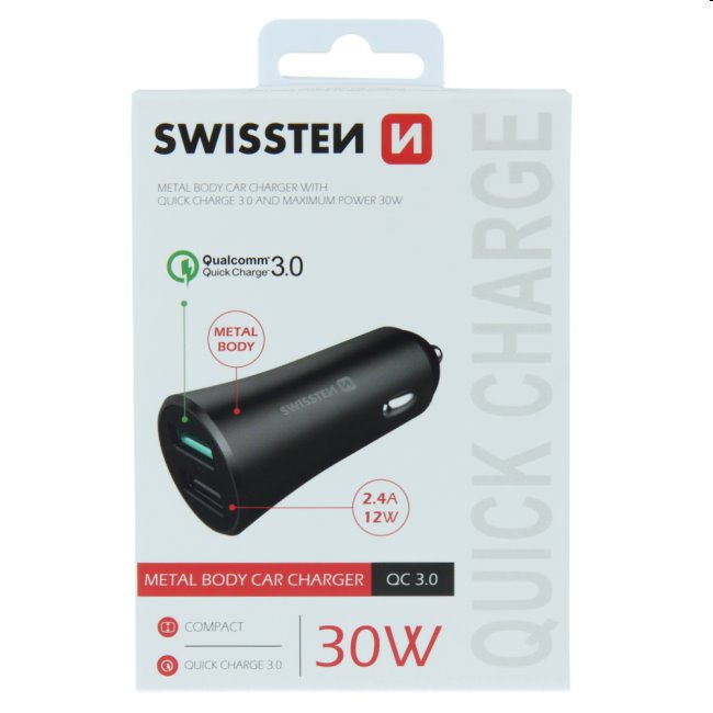 Autonabíjačka Swissten s podporou Qualcomm Quick Charge 3.0, 30W, matná čierna Autonabíjačka Swissten s podporou Qualcomm Quick Charge 3.0, 30W, matná čierna
