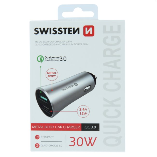 Autonabíjačka Swissten s podporou Qualcomm Quick Charge 3.0, 30 W, matná strieborná 20111630