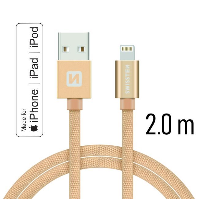 Dátový kábel Swissten textilný s certifikáciou MFI, Lightning konektorom a podporou rýchlonabíjania, Gold 71524304