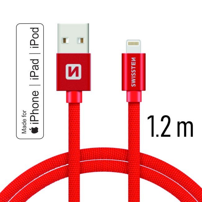 Dátový kábel Swissten textilný s certifikáciou MFI, Lightning konektorom a podporou rýchlonabíjania. Red 71524206
