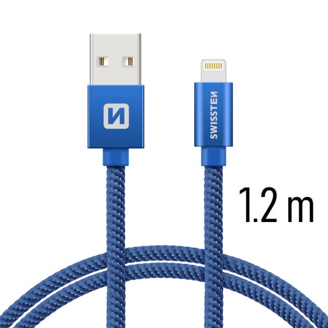 Dátový kábel Swissten textilný s Lightning konektorom a podporou rýchlonabíjania, Blue 71523208