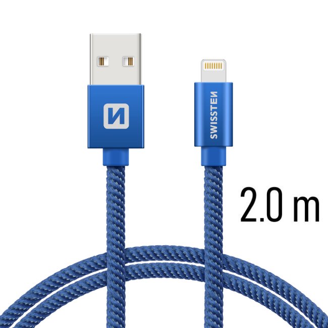 Dátový kábel Swissten textilný s Lightning konektorom a podporou rýchlonabíjania, Blue 71523308