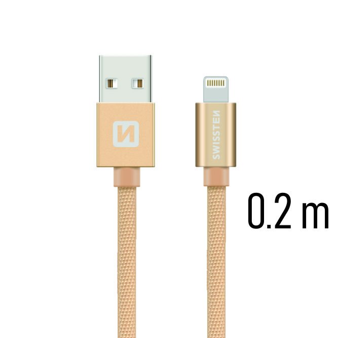 Dátový kábel Swissten textilný s Lightning konektorom a podporou rýchlonabíjania, Gold 71523104