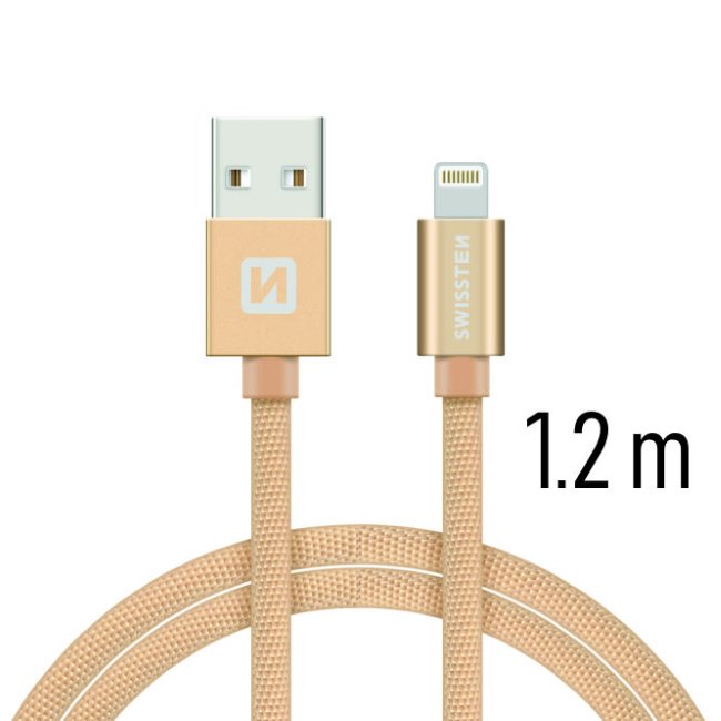 Dátový kábel Swissten textilný s Lightning konektorom a podporou rýchlonabíjania, Gold