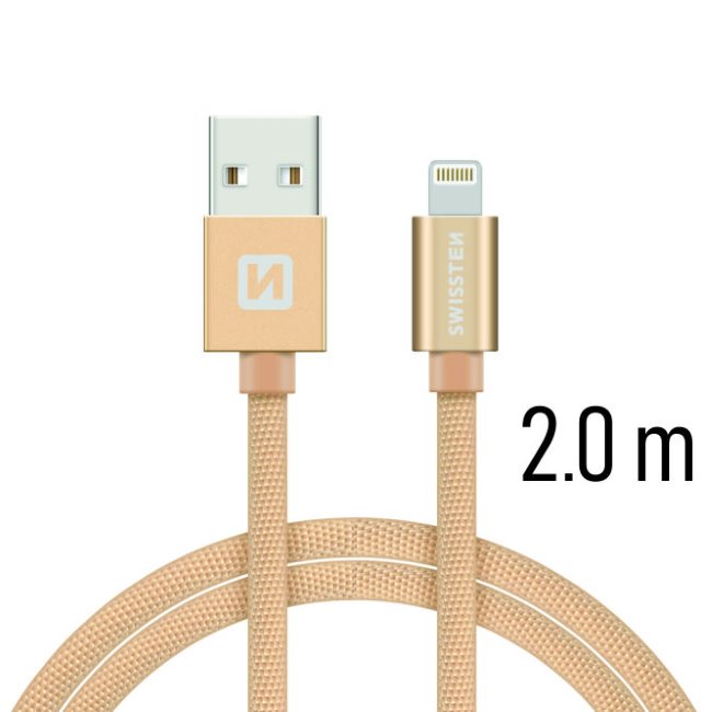 Dátový kábel Swissten textilný s Lightning konektorom a podporou rýchlonabíjania, Gold 71523304