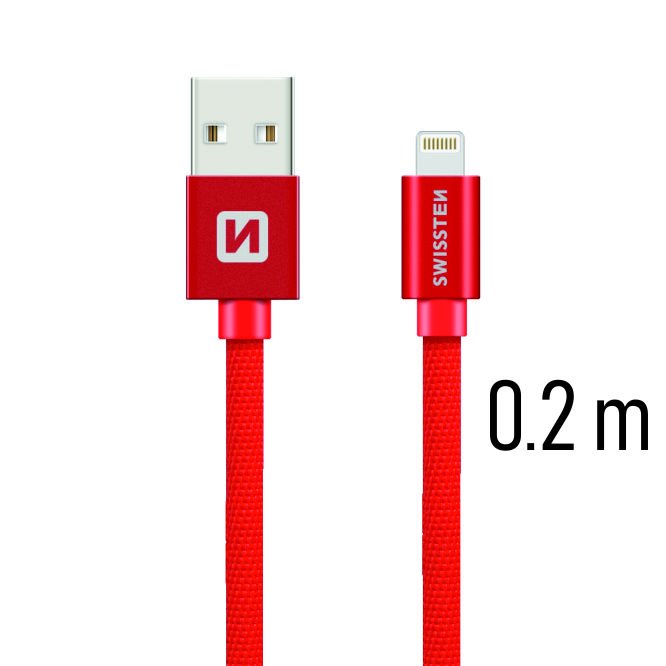 Dátový kábel Swissten textilný s Lightning konektorom a podporou rýchlonabíjania, Red 71523106