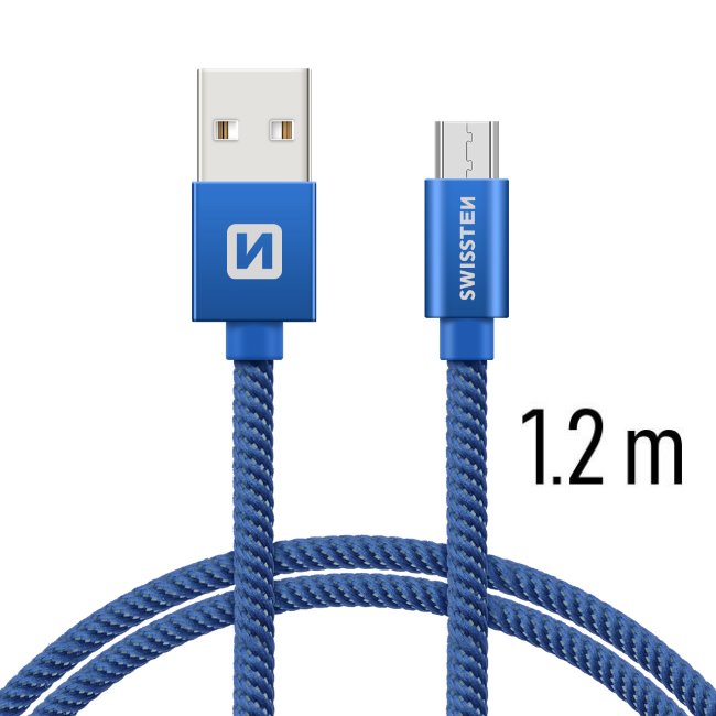 Dátový kábel Swissten textilný s Micro-USB konektorom a podporou rýchlonabíjania, modrý