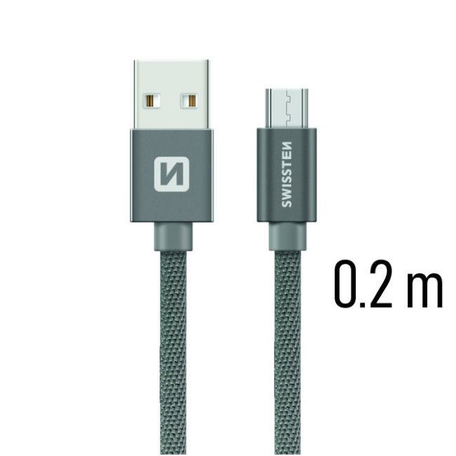 E-shop Dátový kábel Swissten textilný s Micro-USB konektorom a podporou rýchlonabíjania, sivý 71522102