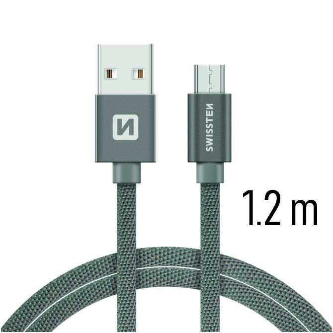 E-shop Dátový kábel Swissten textilný s Micro-USB konektorom a podporou rýchlonabíjania, sivý 71522202