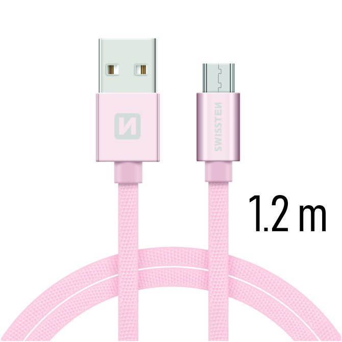 E-shop Dátový kábel Swissten textilný s Micro-USB konektorom a podporou rýchlonabíjania, ružovozlatý 71522205