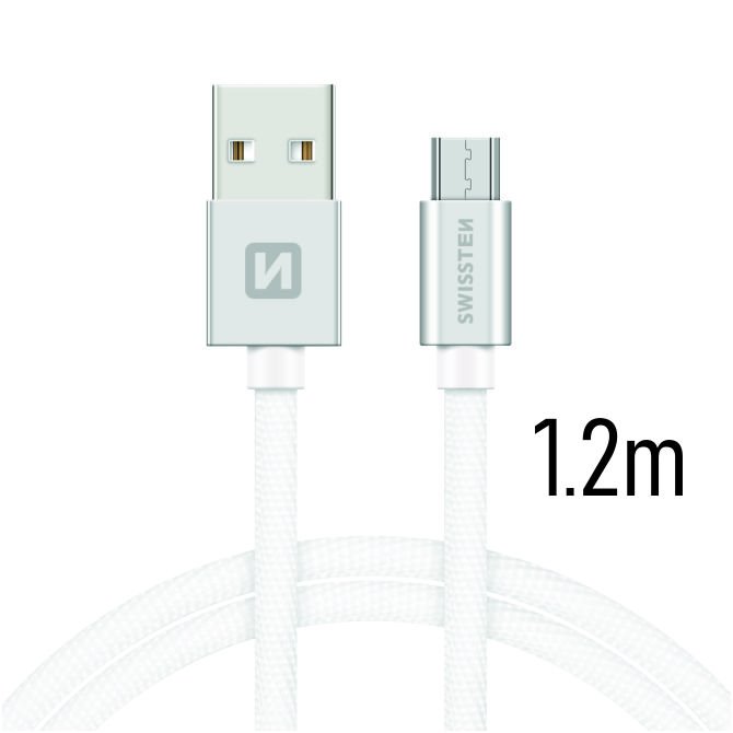 Dátový kábel Swissten textilný s Micro-USB konektorom a podporou rýchlonabíjania, strieborný