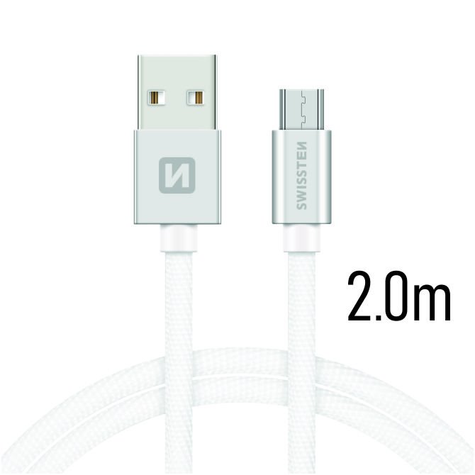 E-shop Dátový kábel Swissten textilný s Micro-USB konektorom a podporou rýchlonabíjania, strieborný 71522303