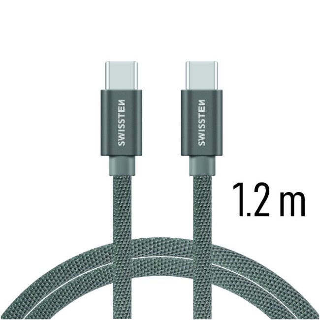 Dátový kábel Swissten textilný s USB-C konektormi a podporou rýchlonabíjania, Grey